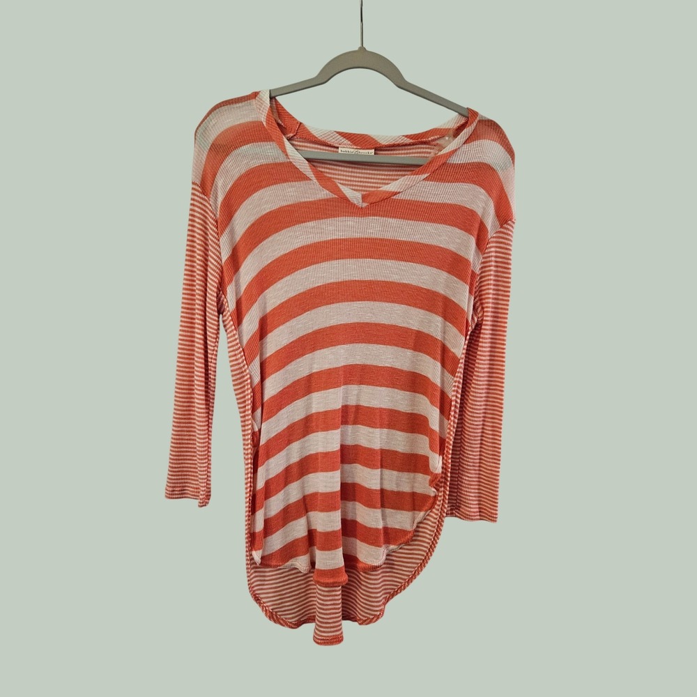 Bobbie Brooks Coral White Striped V-Neck High Low Knit Top Womens Medium